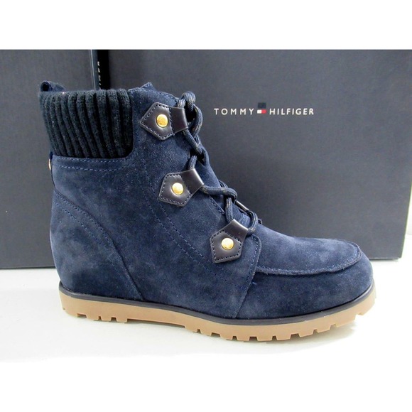 Tommy Hilfiger Serafin Lace Up Wedge Boots Booties Medium Blue Suede - Picture 3 of 8